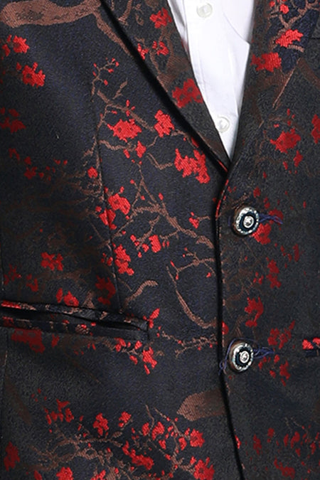 VASTRAMAY Red And Blue Jacquard Blazer Baap Beta Set